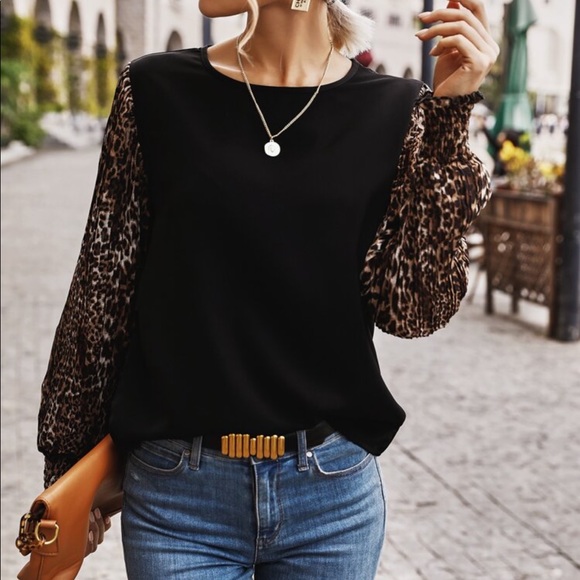 Boho Leopard Print Long Smocked Puff Sleeve Shirt Top Blouse - Picture 3 of 6